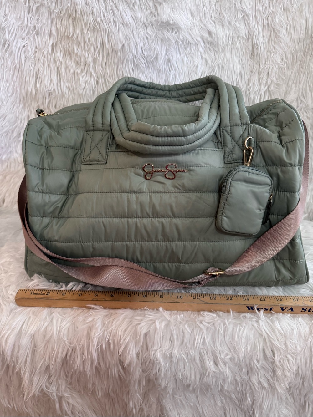 Jessica Simpson Quilted Sage Green Travel Duffel with Pink Strap